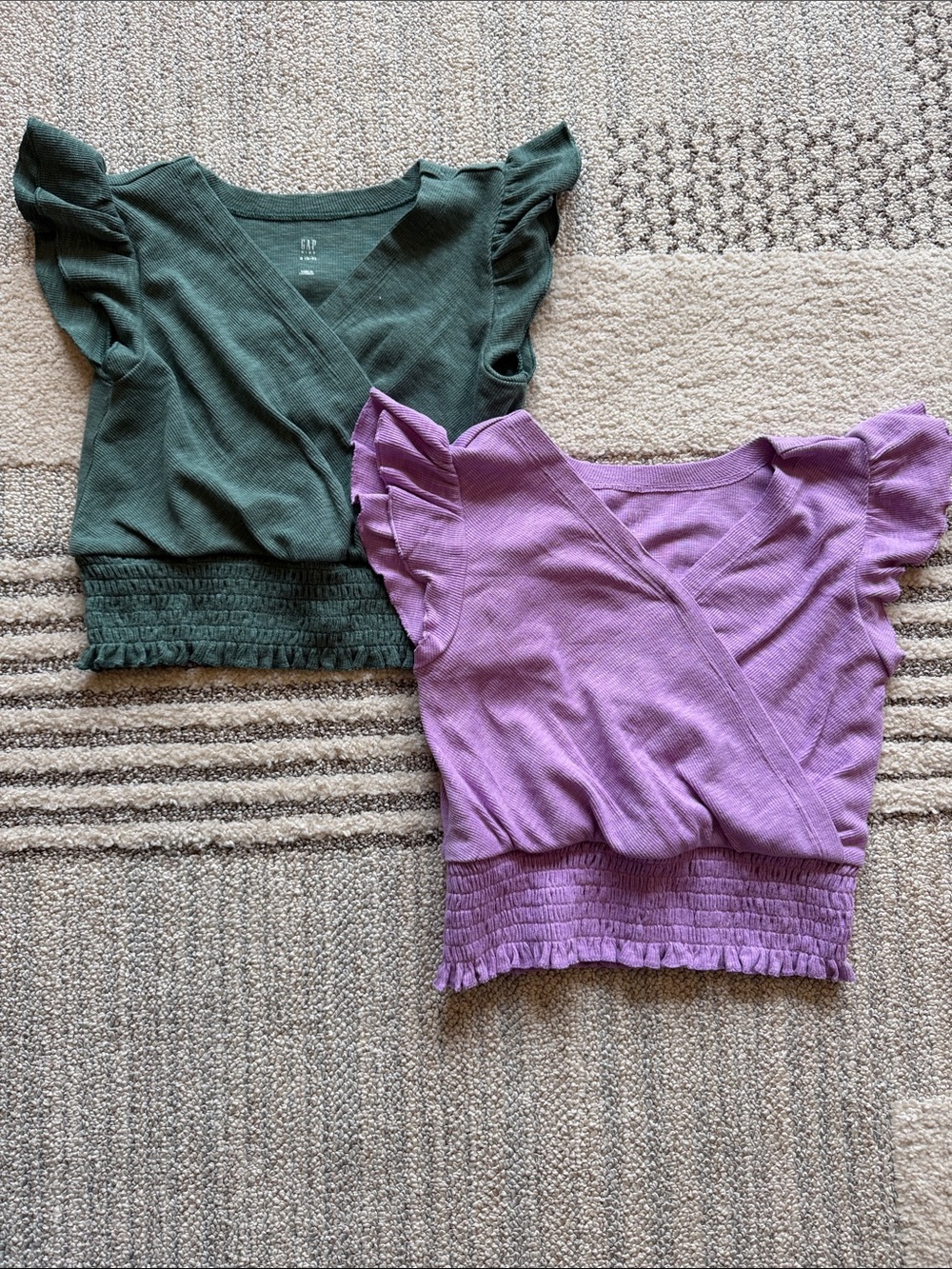 GAP Girls Flutter Sleeve Smocked Crop Tops in Green and Purple